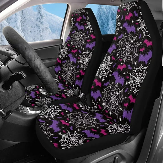 Uorisanigo 2PCS Car Seat Covers for Front Seats, Furry Fuzzy Fluffy Cobweb Purple Bat Seat Cover, Universal Vehicle Split Cushion Cover, Driver Interior Accessories for Car, Truck, SUV