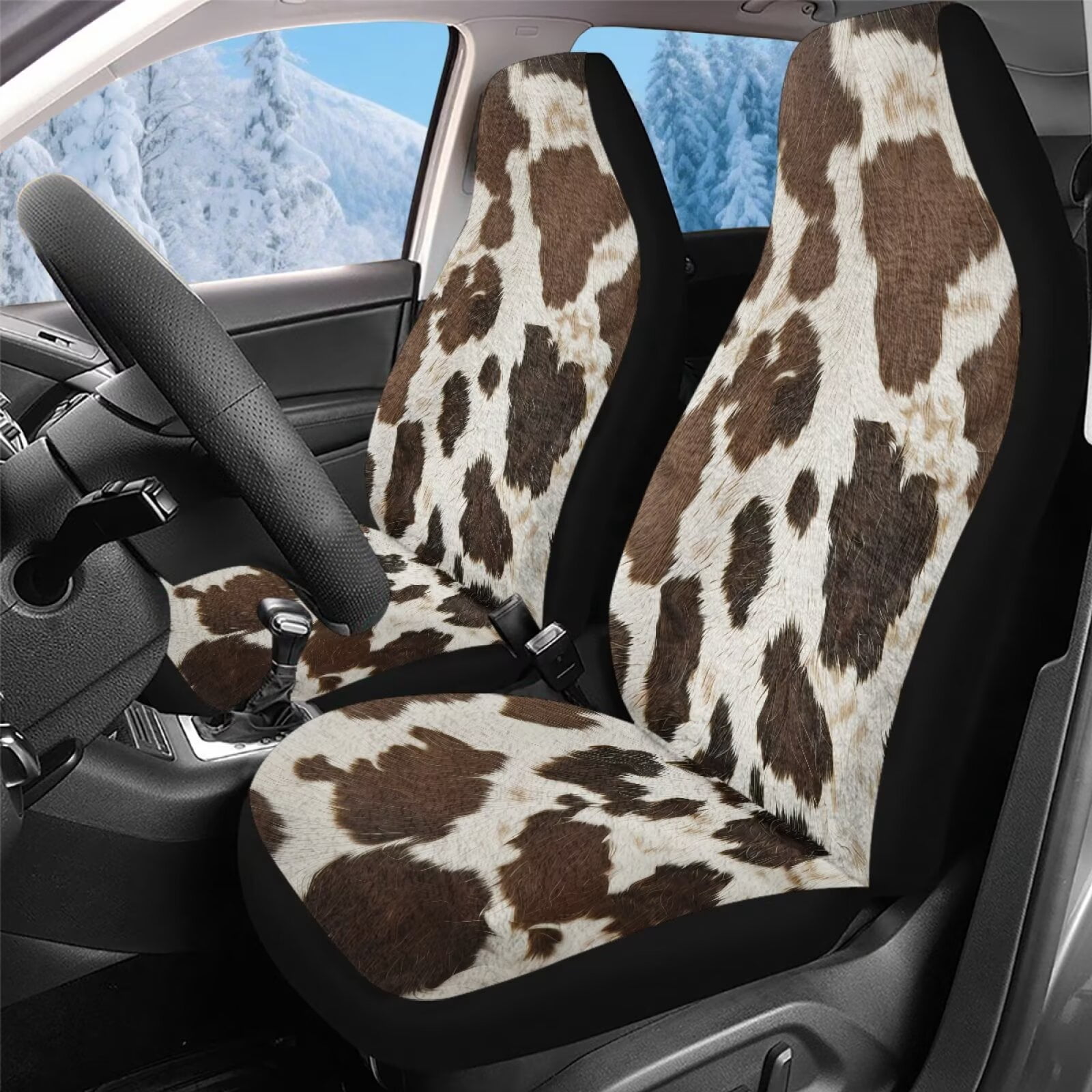 Uorisanigo 2PCS Car Seat Covers for Front Seats, Plush Automotive Seat Covers, Brown Cow Print Vehicle Seats Protectors Driver Interior Accessories Universal for Most Cars, SUV