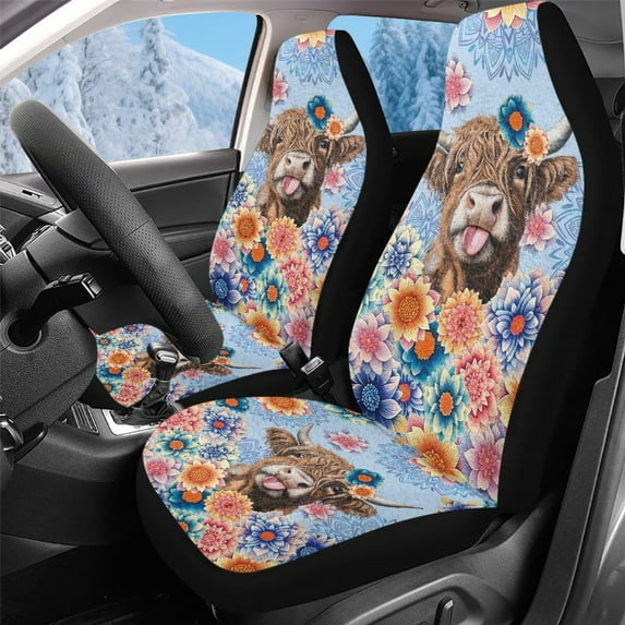 Uorisanigo 2PCS Car Seat Covers for Front Seats WashableHighland Cow Ethnic Flower Automotive Vehicle Seat Covers for Cars Interior, Universal Fit for Cars, Sedans, Trucks, SUVs
