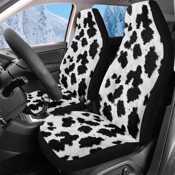 Uorisanigo 2PCS Cow Print Car Seat Covers for Front Seats, Furry Fuzzy Fluffy Seat Cover, Universal Vehicle Split Cushion Cover, Driver Interior Accessories for Car, Truck, SUV