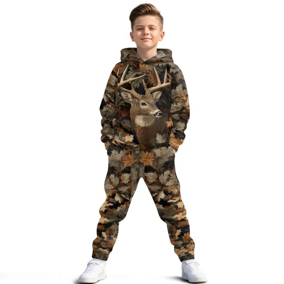 Uorisanigo 2PCS Girls Boys Sweatsuit Set, Oversized Long Sleeve Camo Hunting Deer Pullover Hoodie & Athletic Jogger Sweatpants with Pockets Fall Winter Outfit Set