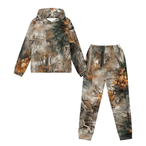 Uorisanigo 2PCS Girls Boys Sweatsuit Set with Oversized Long Sleeve Hunting Tree Camo Forest Hoodie Jacket and Sweatpants Set Graphic Printed Fall Winter Outfits for Kids