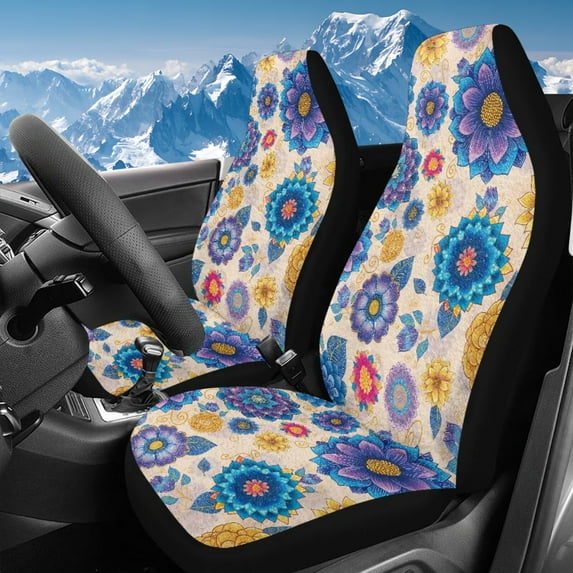 Uorisanigo 2pcs Car Seat Covers, Ethnic Boho Floral High Back Auto Front Seat Covers Breathable Automotive Interior Accessories Universal Fit for Most Sedan, Truck and SUV