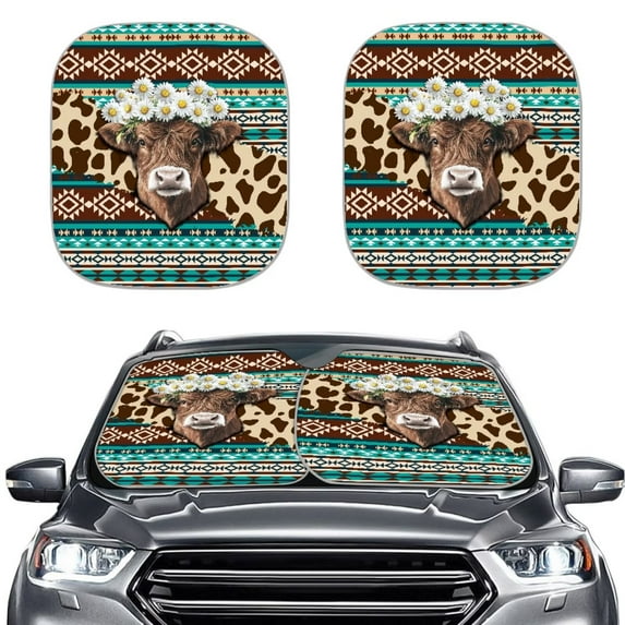 Uorisanigo 2pcs Car Sunshades for Windshield Aztec African Tribal Daisy Highland Cow Easy to Install Car Sunshade Side Window Car Accessiores Front Window Cover Sun Visor Fits Most Cars