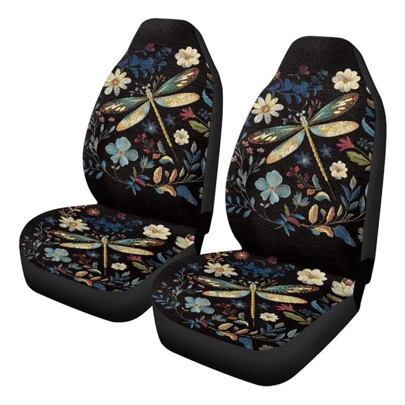 Uorisanigo 2pcs Front Seat Covers, Flower Dragonfly High Back Bucket Cushion Breathable Automotive Interior Accessories Universal Fit for Most Sedan, Truck and SUV
