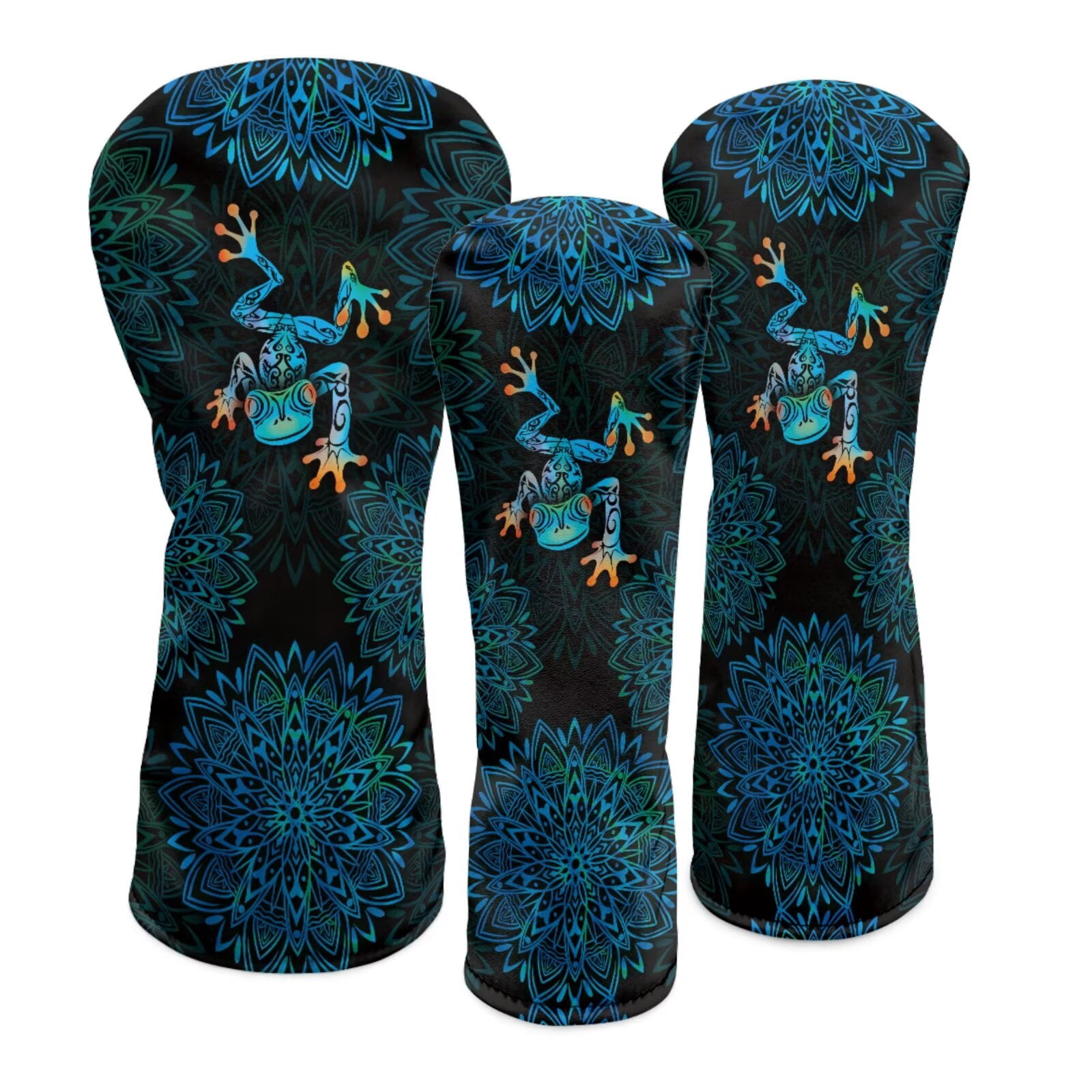 Uorisanigo 3 Pieces Golf Club Covers, Fairway Wood Head Cover, Driver Headcover, Waterproof PU Blue Boho Manlada Frog Head Covers for Golf Cubs with Soft Lining for Extra Club Protection