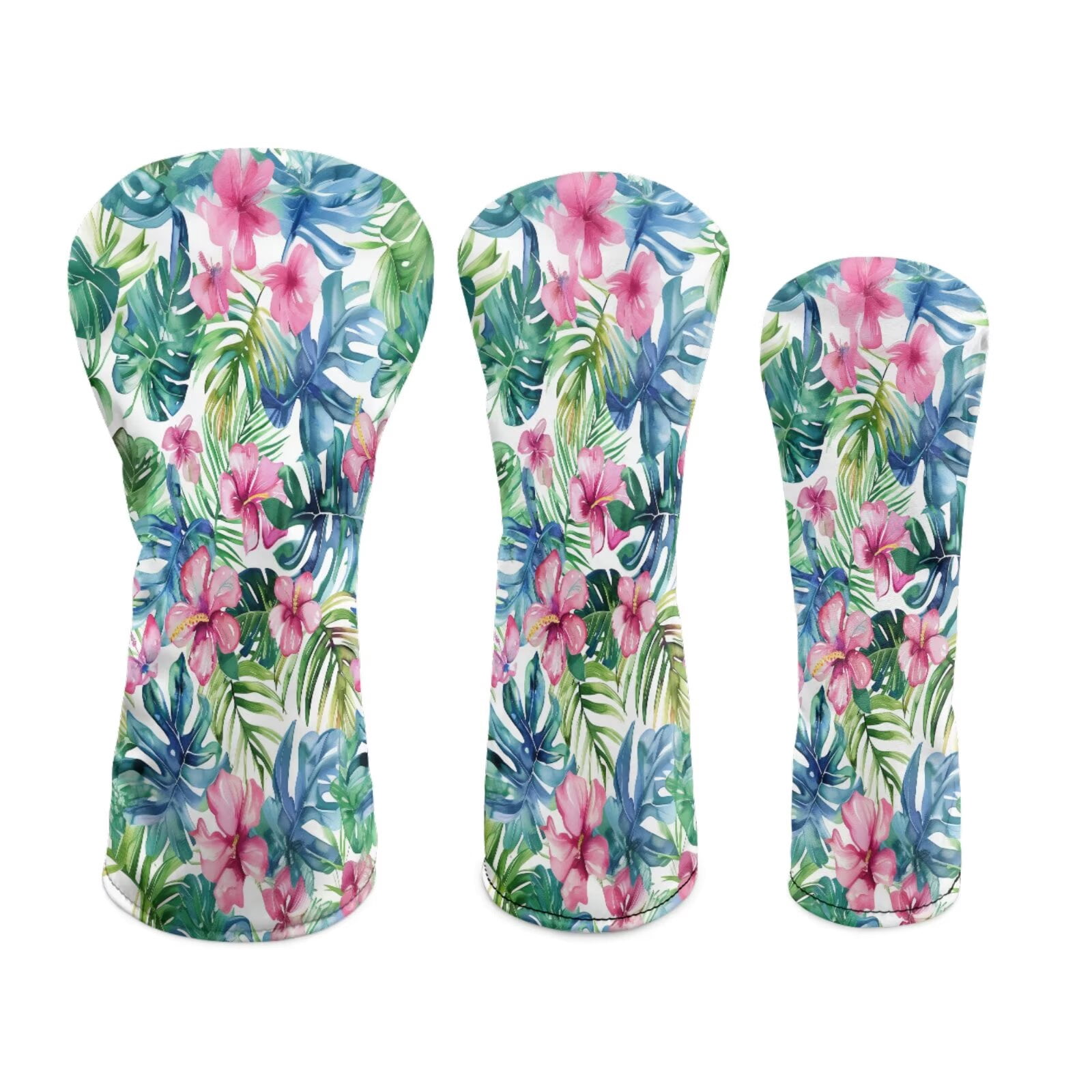 Uorisanigo 3PCS Golf Club Head Covers Set, Driver Fariway Wood Hybrid Headcover, Premium Leather Hawaiian Hibiscus Leaves Golf Club Covers for Clubs Protective, Abrasion-Resistant
