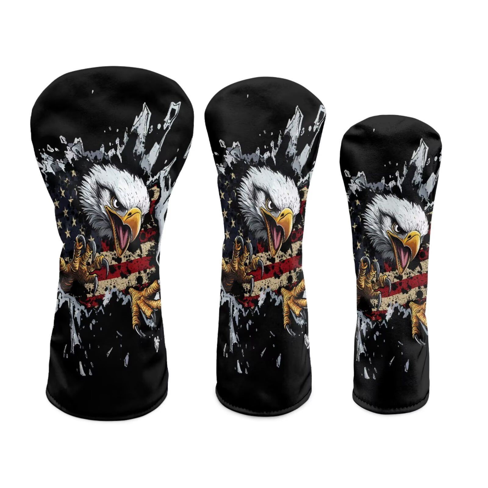 Uorisanigo 3pcs Golf Club Head Covers American Flag Bald Eagle Headcovers Set Includes Golf Driver Headcover, Fairway Wood Cover, Hybrid Cover, Golfing Accessories for Men Women