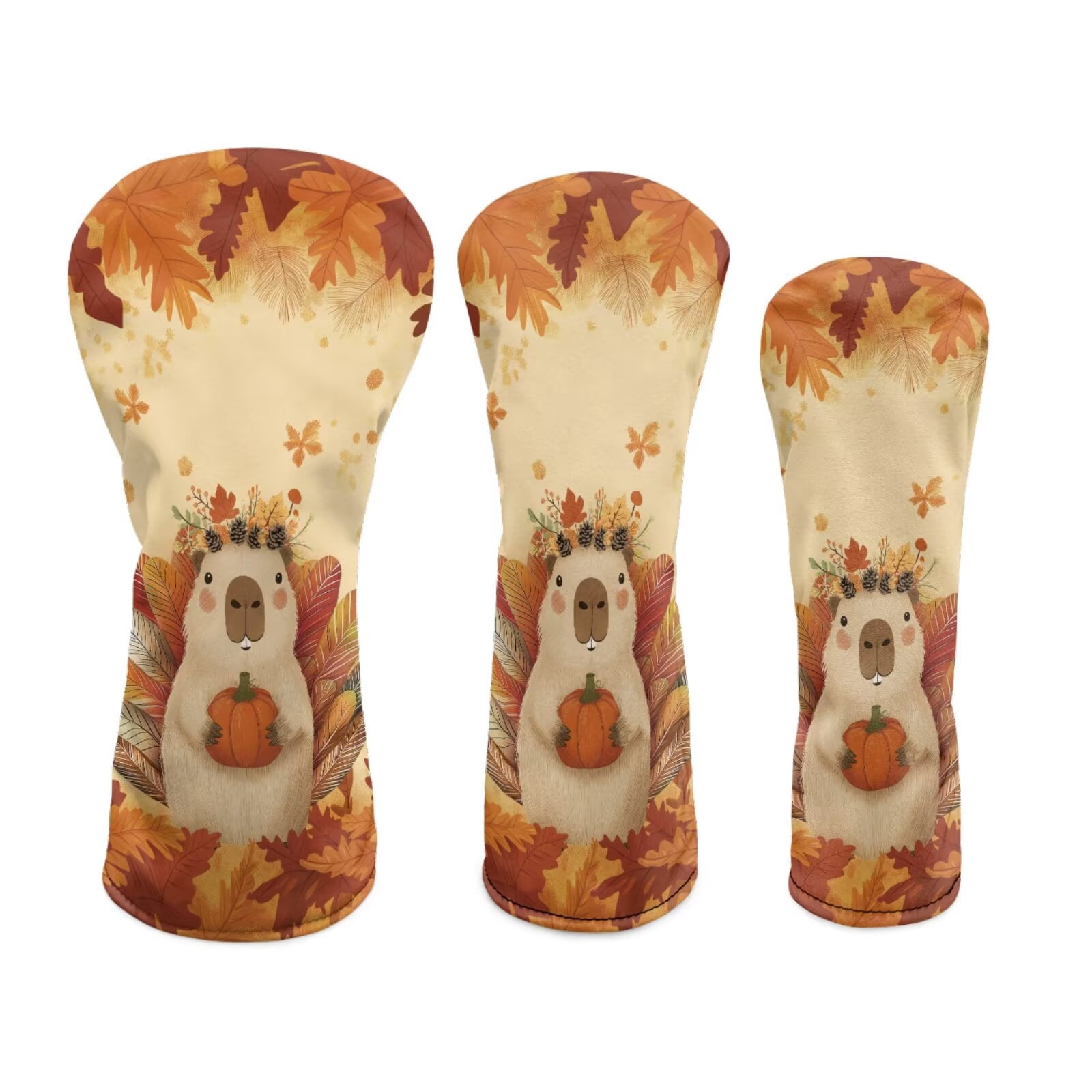 Uorisanigo 3pcs Golf Club Head Covers Autumn Capybara Headcovers Set Includes Driver Head Cover Fits up to 460cc Drivers, Golf Fairway Wood Hybrid Headcovers for Club Protective
