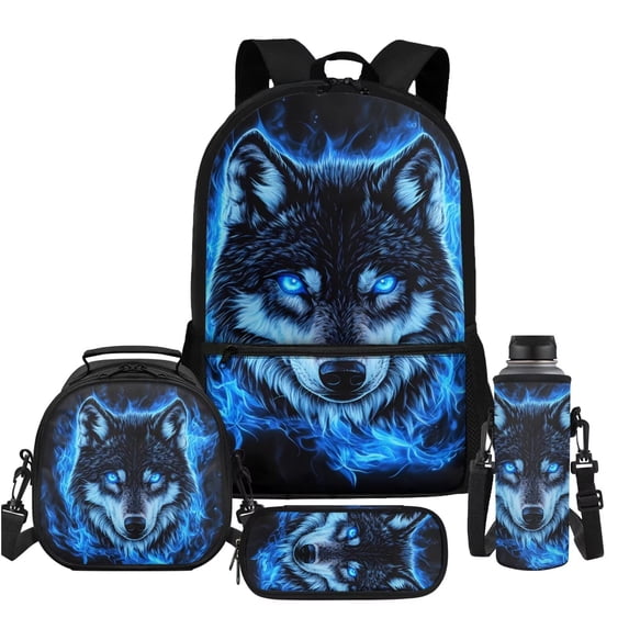 Uorisanigo 4 in 1 School Bag Set for Teens Boys, Blue Wolf Kids Backpack with Lunch Box Pencil Case Water Bottle Carrier, Bookbag School Daypacks for Elementary Middle Students