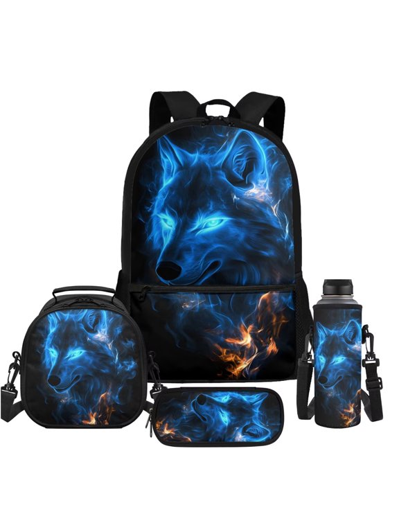 4 in 1 Schoolbag Set for Teens, Blue Wolf Backpack with Lunch Bag Pencil Case Water Bottle Holder Pouch, 4 PCS, Boys, Bookbag School Daypacks for Elementary Middle