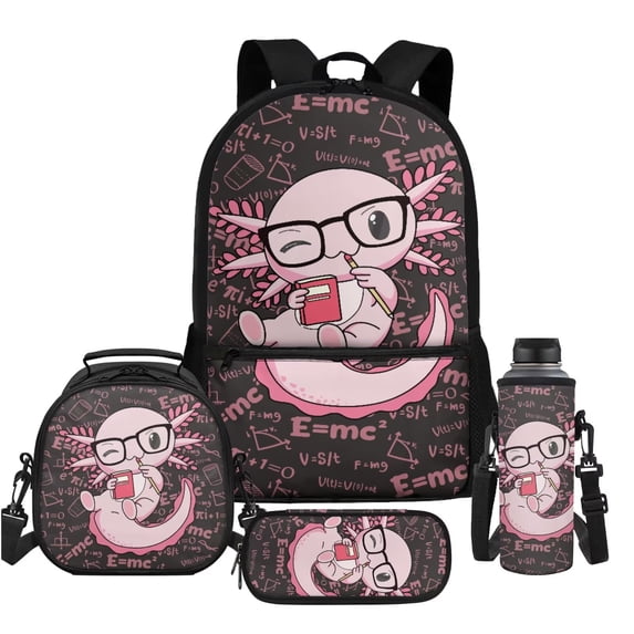 Uorisanigo 4PCS Axolotl School Backpack, Kids School Bag With Insulated Lunch Box & Pencil Case & Water Bottle Sleeve, Universal Travel Casual Camping Daypack Fit Teens