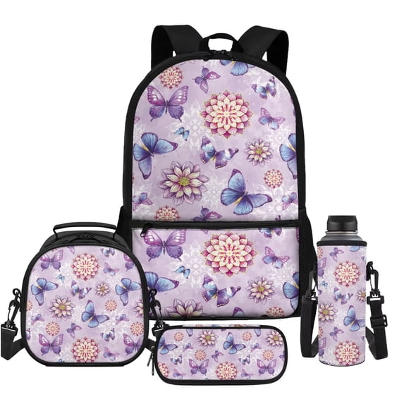Uorisanigo 4pcs Purple Butterfly Mandala Backpack Set with Lunch Bag Pencil Case Pen Case Water Bottle Holder, 17″ Sport Bookbag Travel Back Pack for Elementary Middle School Kids Teens