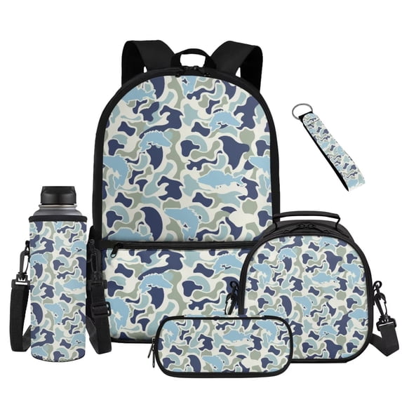 Uorisanigo 5 PCS Backpack Set School Bag Book Bag Fish Camo Design Backpack with Cross-body Lunch Pouch Pen Case Water Bottle Sleeve School Supplies for Kids Teens Boys Personalized