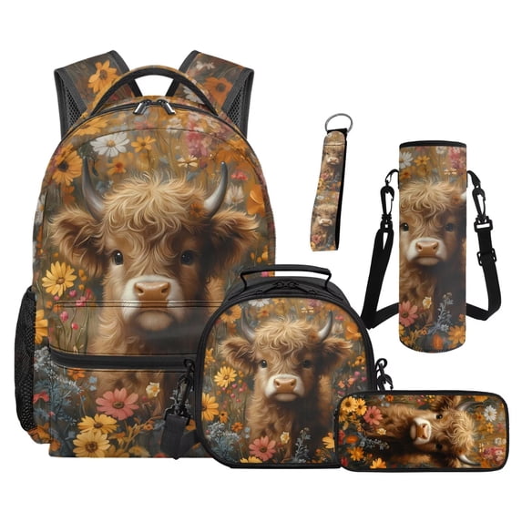 Uorisanigo 5 PCS Kids' Backpacks Set Floral Highland Cow Travel School Backpack Set Bookbag Student Book Bag with Lunch Box Pencil Bag Water Bottle Sleeve Keychain for Primary Middle School Girls