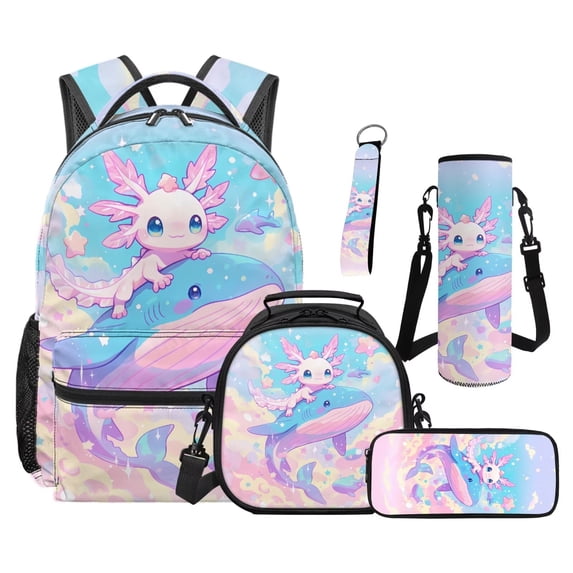 Uorisanigo 5 PCS Kids' Backpacks Set Travel School Backpack Set Cute Axolotl Whale Bookbag Student Book Bag with Lunch Box Pencil Bag Water Bottle Sleeve Keychain for Primary Middle School Girls