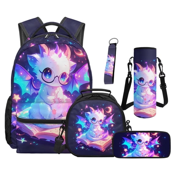 Uorisanigo 5 PCS Kids' Backpacks Set Travel School Backpack Set Cute Dragon Star Bookbag Student Book Bag with Lunch Box Pencil Bag Water Bottle Sleeve Keychain for Primary Middle School Girls Light