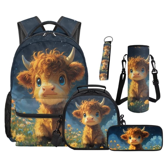 Uorisanigo 5 PCS Kids' Backpacks Set Travel School Backpack Set Cute Highland Cow Bookbag Student Book Bag with Lunch Box Pencil Bag Water Bottle Sleeve Keychain for Primary Middle School Girls