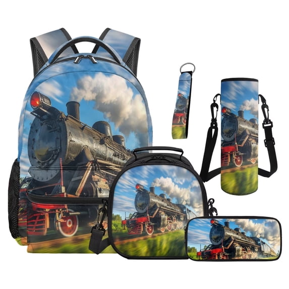 Uorisanigo 5 PCS Kids' Backpacks Set Travel School Backpack Set Train Bookbag Student Book Bag with Lunch Box Pencil Bag Water Bottle Sleeve Keychain for Primary Middle School Boys Lightweight