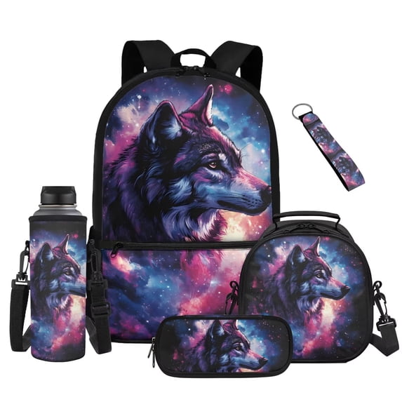 Uorisanigo 5 PCS Kids' Backpacks Set Travel School Boys Backpack Set Bookbag Student Book Bag with Lunch Box Pencil Bag Water Bottle Sleeve Keychain for Primary Middle School Lightweight Galaxy Wolf