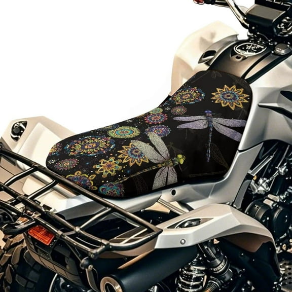 Uorisanigo ATV Seat Cover, Waterproof Ethnic Flower Dragonfly Four Wheeler Cushion Pad with Elastic Band, Windproof All Weather Outdoor Seat Cover for Polaris Sportsman Rancher