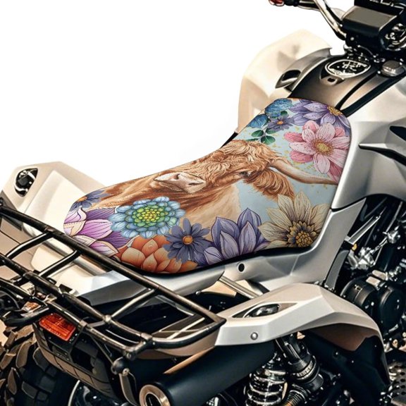 Uorisanigo ATV Waterproof Seat Covers Easy to Install Floral Highland Cow Four Wheeler Seat Cover Heavy-Duty Breathable Fabric Cloth Dustproof Covers for ATV Seats, Easy to Install, 10x23 Inches