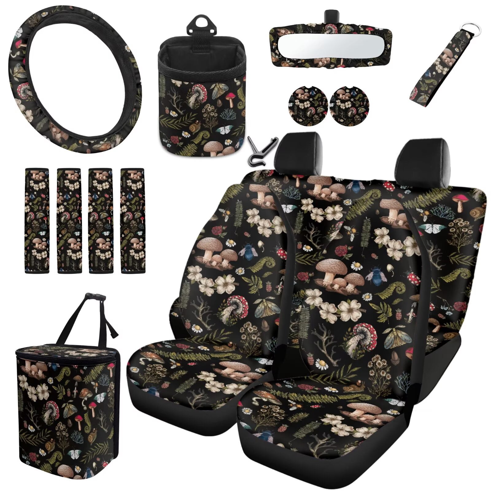 Uorisanigo Aesthetic Mushroom 15 PCS Car Seat Cover Full Set, Universal Front and Back Seat Covers Steering Wheel Cover Seat Belt Strap Pads Coaster Trash Bin Air Vent Pouch Keychain Rearview Cover