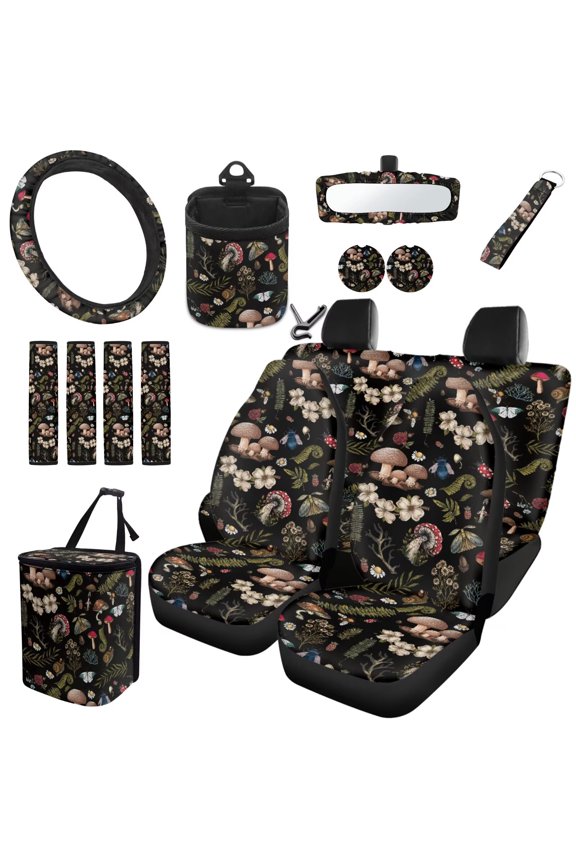 Aesthetic Mushroom 15 PCS Car Seat Cover Full Set, Universal Front and Back Seat Covers Steering Wheel Cover Seat Belt Strap Pads Coaster Trash Bin Air Vent Pouch Keychain Rearview Cover