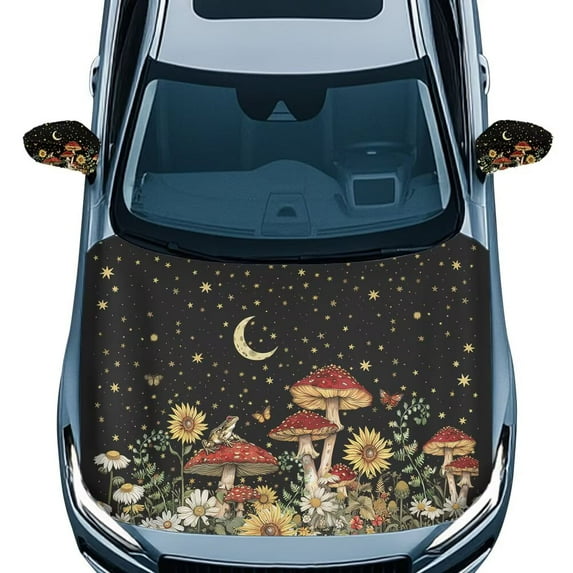 Uorisanigo Aesthetic Mushroom Moon Star Car Hood Protector Cover and Car Mirror Protectors Cover 2 Pack Stretchable Car Accessories for Car Decor Suitable Most Cars