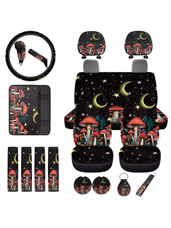 Aesthetic Mushroom Seat Cover Full Set for Car 18Pcs Universal Headrest Cushion with Steering Wheel Covers,Center Console Pad,Shoulder Strap Protector,Handbrake Cover,Keychain,Coasters