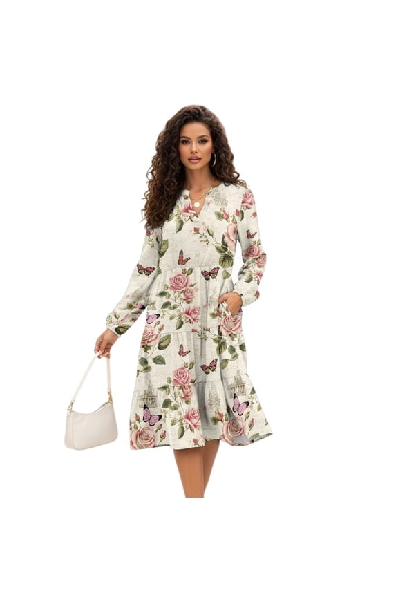 Aesthetic Rose Midi Waist Dress for Women Casual Flowy V-Neck Fashion Dress Lightweight Long Sleeve Elastic Work Dresses, Size Medium