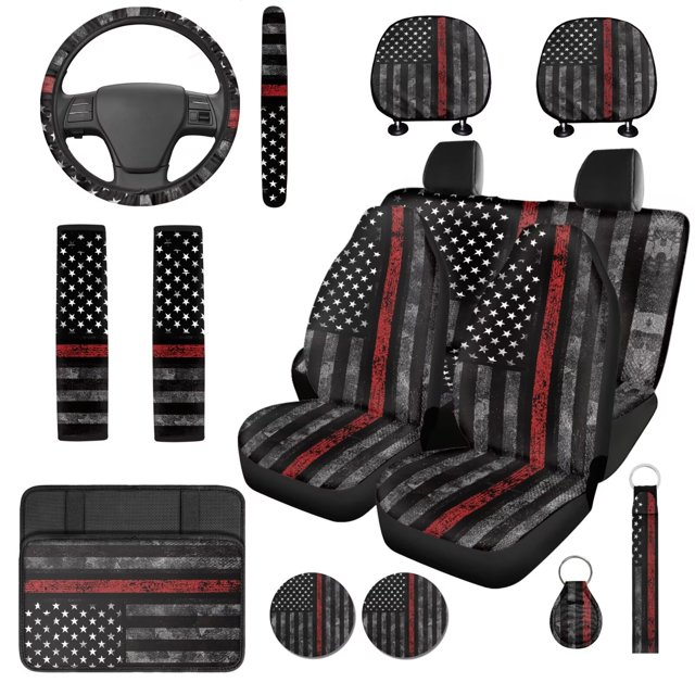 Uorisanigo American Fire Flag Car Seat Covers Sets 14 Pcs Car Steering Wheel Cover Auto Headrest Cover Center Console Cover Cars Seat Belt Cover Comfortable Soft Auto Interior for Cars SUVs