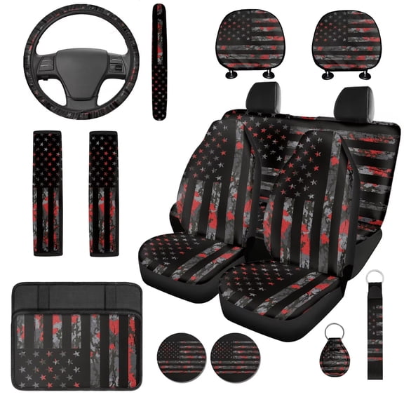 Uorisanigo American Flag 14 Pieces Car Accessories Set with Car Seat Covers and Steering Wheel Cover Water Cup Pad Car Console Cover Seat Belt Pads Keychain Soft Elastic Fabrics Fit Car SUV