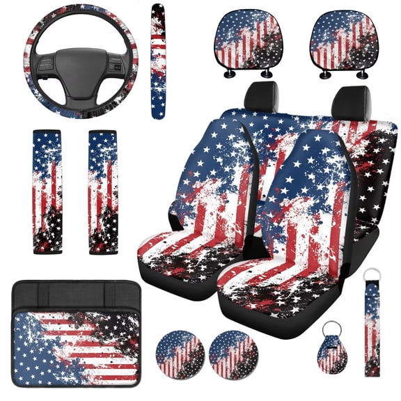 Uorisanigo American Flag 14 Pieces Car Seat Covers Full Set with Auto Steering Wheel Cover Cars Console Cover Seat Belt Pads Water Cup Pad Keychain Comfortable Fashion Soft Fit for Car SUV