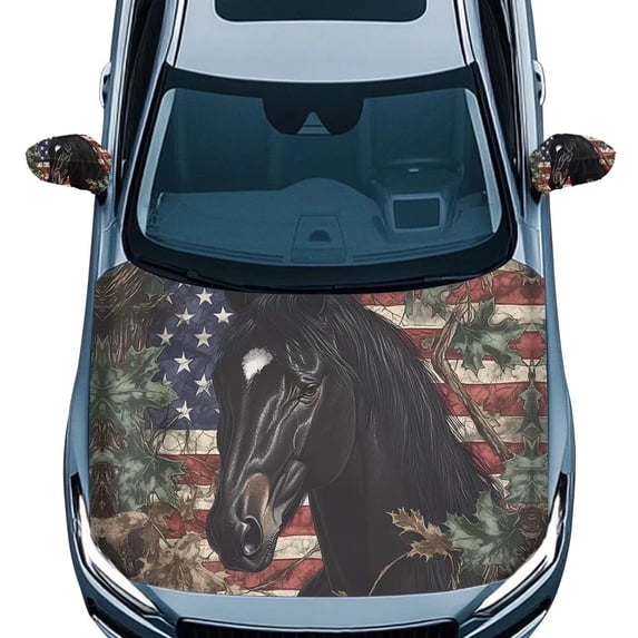 Uorisanigo American Flag Black Horse Dead Branch Hood Covers for Cars and Side Mirror Cover Protector Set of 3 Polyester Fabric Covers Car Decorations Suitable for Most Cars