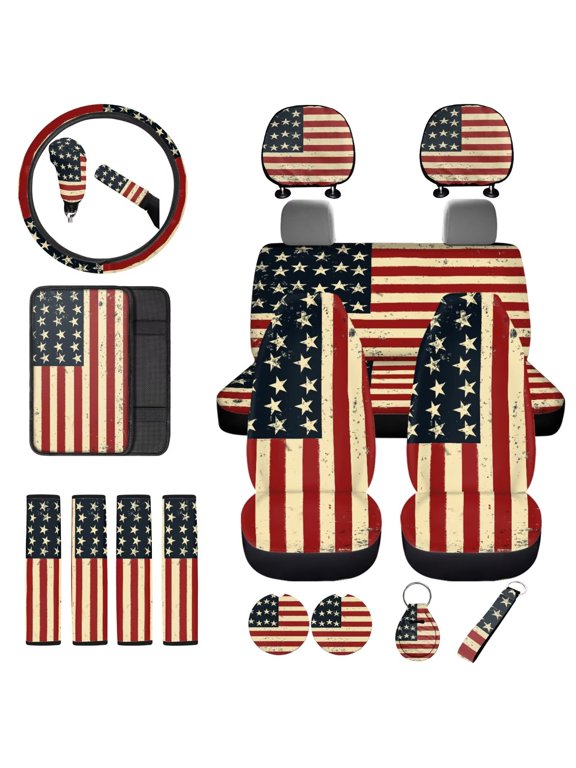 American Flag Car Accessories Set with Front and Back Seat Covers,Shift Knob Handbrake Cover,Seat Belt Pads,Steering Wheel Cover,Headrest,Center Console Pad,Coasters,Key Chains,18pcs