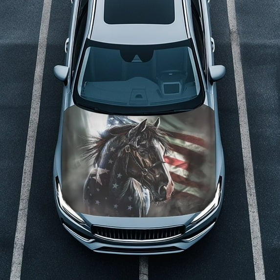 Uorisanigo American Flag Cool Horse Hood Covers Universal Fit Car Hood Cover Protector Film Portable Polyester Hood Wrap Suitable Most Automotive Pickup Sedans Trucks SUVs