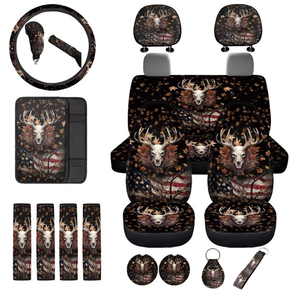 Uorisanigo American Flag Deer 18 Pcs Car Seat Cover Steering Wheel Cover Headrest Armrest Covers Seat Belt Shoulder Pad Shift Knob & Handbrake Covers Cup Coaster Keychain, Car Accessories