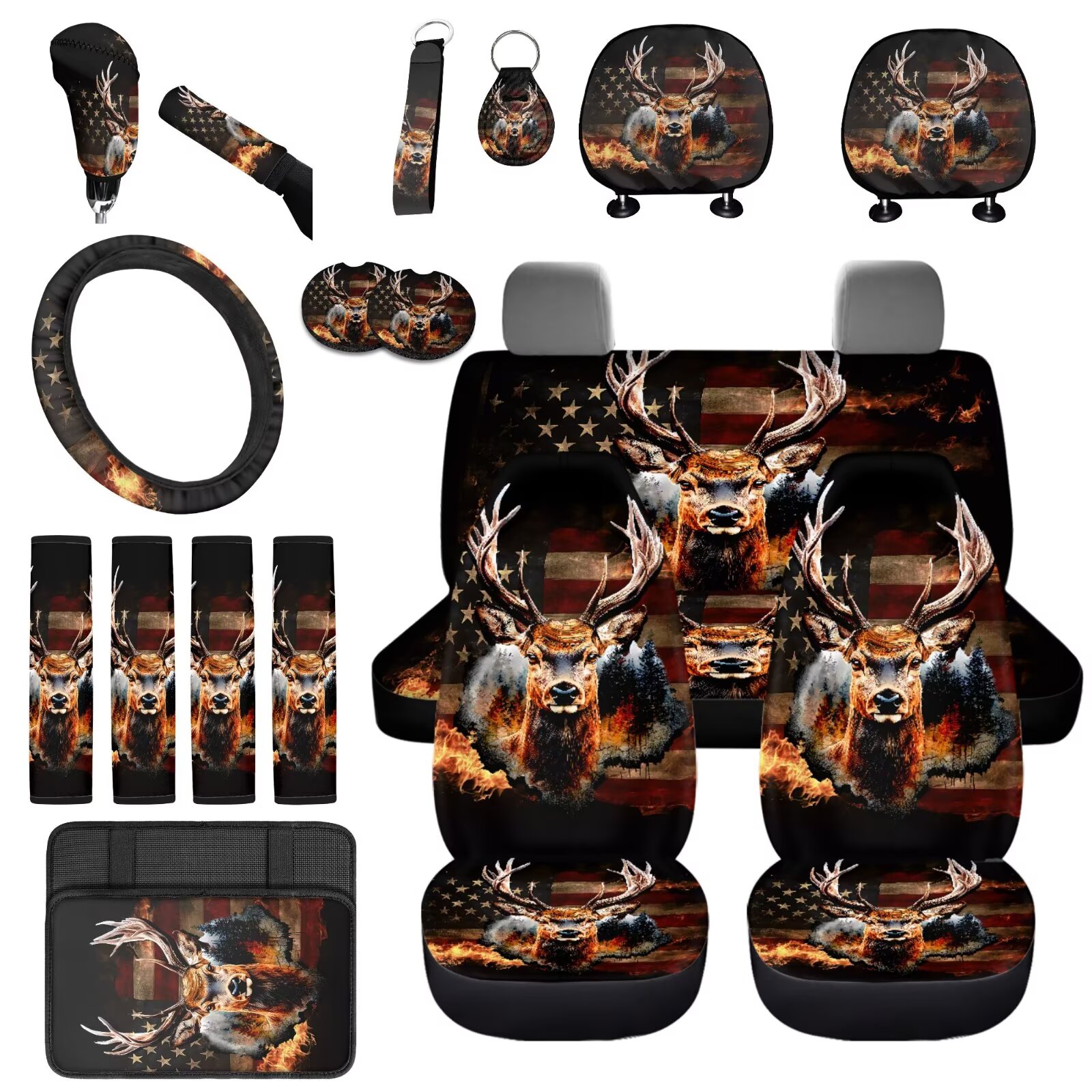 Uorisanigo American Flag Deer Front and Back Seat Covers with Seatbelt Shoulder Pad Center Console Cover Steering Wheel Wrap Headrest & Gear Shift & Handbrake Covers Coasters Keychain,18 Pieces