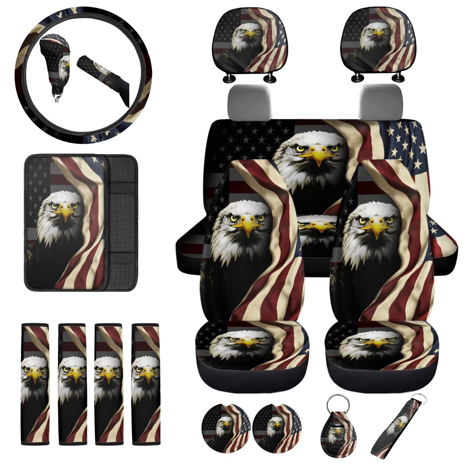 Uorisanigo American Flag Eagle Car Seat Covers Set with Wheel Cover Protector/Seat Belt Strap Pads/Center Console Cover/Headrest/Gear Shift & Handbrake Covers/Cup Coasters/Keychain,18 Packs