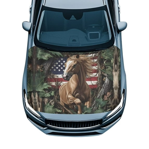 Uorisanigo American Flag Horse Hood Cover Heat-Resistant Car Hood Cover Protector Polyester Elastic Car Hood Flag Cover for Trucks, Car, SUV, or Van Car Accessories Winter Car Covers