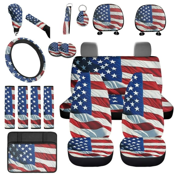 Uorisanigo American Flag Interior Accessories 18 Packs,Front Back Seat Cover Full Set+Seat Belt Pads+Steering Covers+Car Coasters+Armrest Cover+Headrest+Gear Shift+Hand Brake Covers+Key Chains