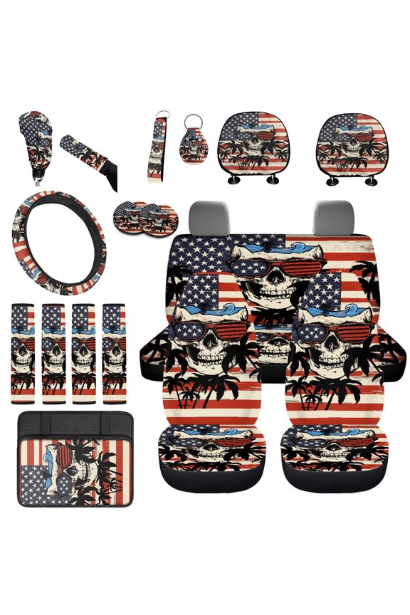 American Flag Skull Car Seat Covers Front Back Car Steering Wheel Cover+Armrest Cushion+Head Rest Cover+Handbrake Covers+Seat Belt Shoulder Pads+Keychain for Cars SUV,18 Pack