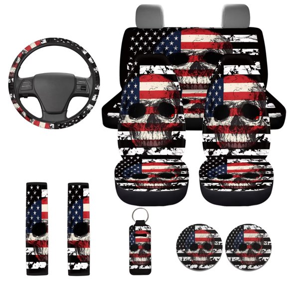 Uorisanigo American Flag Skull Car Seat Covers Full Set 10 Pack Easy Installation Decorative Car Steering Wheel Accessories Auto Seat Belt Cover Auto Water Cup Pad Keychains for Most Cars SUVs