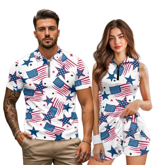 Uorisanigo American Flag Star Couples' Golf Outfits Men Zipper Shirt Quick Dry Short Sleeve Athletic T Shirt Casual Workout and Womens Golf Clothes with Built in Shorts Pockets