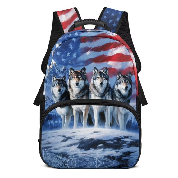 Uorisanigo American Flag Wolf School Backpack for Boys Girls 5-12, 17 Inch Lightweight Casual Daypack, Multifunctional with Padded Shoulder Straps for Kindergarten Elementary