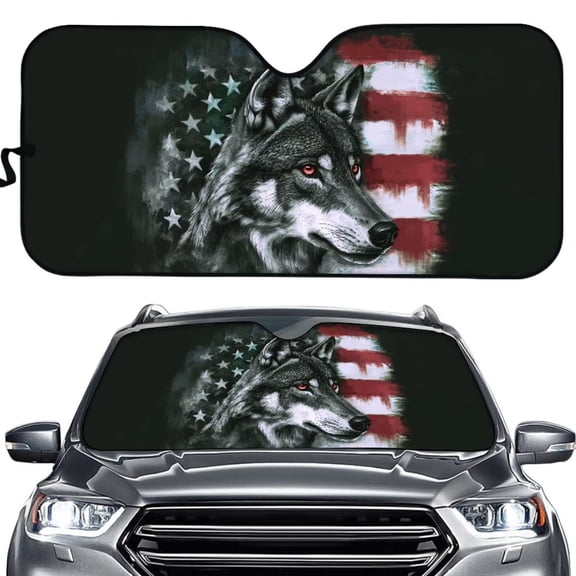 Uorisanigo American Flag Wolf Windshield Sun Shade Foldable Car Accessiores Car Sun Shade Windshield Front Sun Shield Protector UV Ray Reflector Sun Protection Universal Fit Most Cars