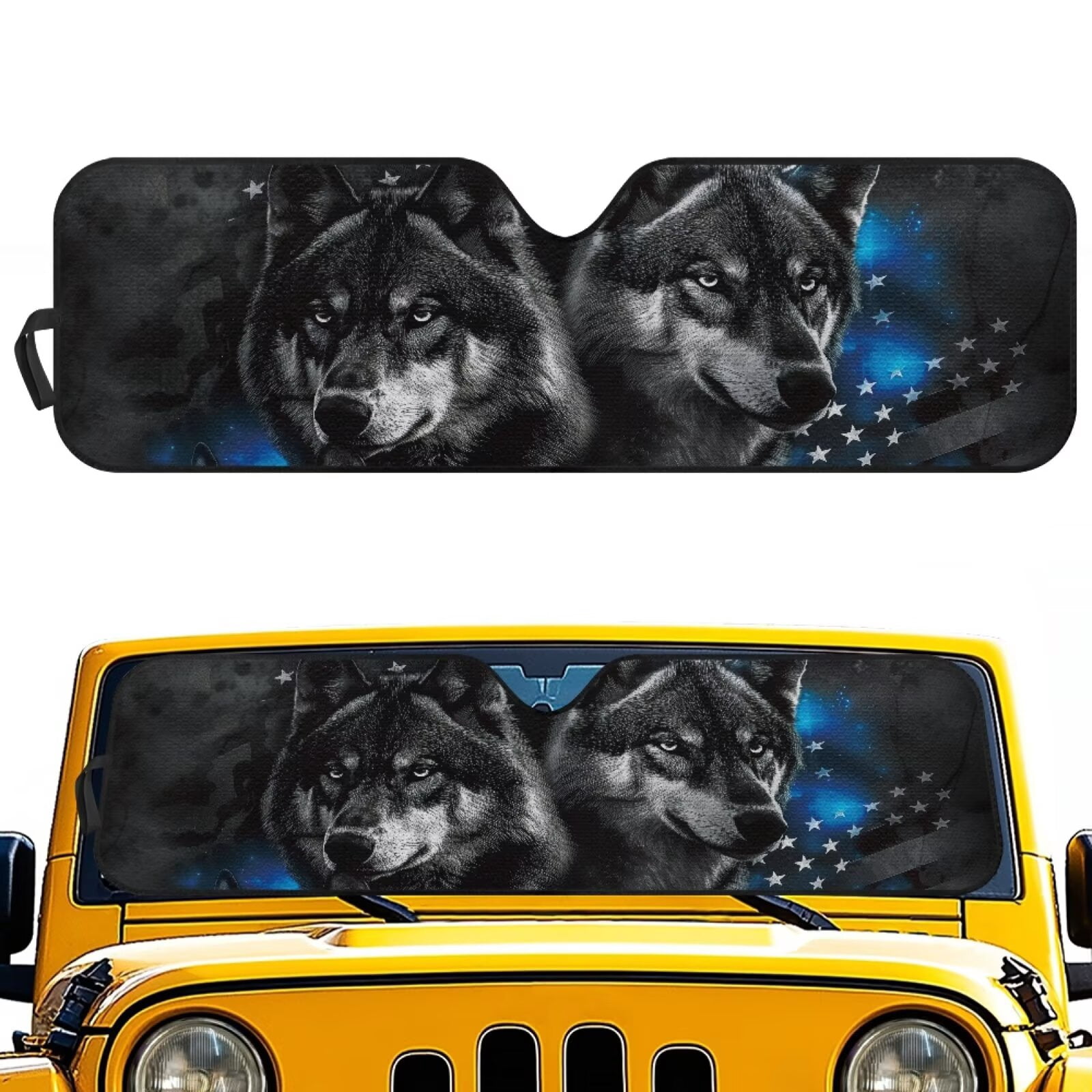 Uorisanigo American Flag Wolf Windshield Sun Shade for Wrangler, Compass, Gladiator & Renegade-Blocks UV Rays Sun Visor Protector,Car Sunshade Keep Your Vehicle Cool - 52.95 x 16.14 inches