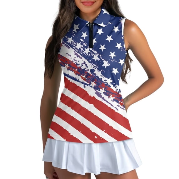 Uorisanigo American Flag Women's Golf Shirt Comfortable Washable Quick Dry Zip Up Workout Tennis Tops for Women Patriotic Casual Sleeveless Outing Wear Size M