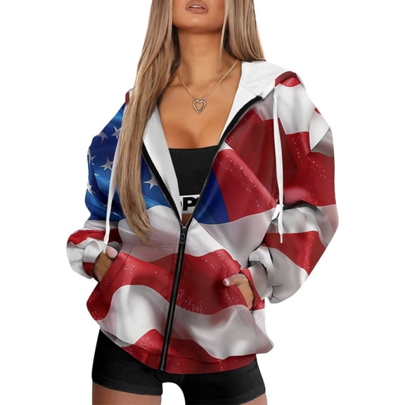 Uorisanigo American Flag Womens Full Zip Hoodie Long Sleeve Warm Womens Loose Zipper Sweatshirt Drop Shoulder Oversized Fall Winter Outfits Clothes Size XS